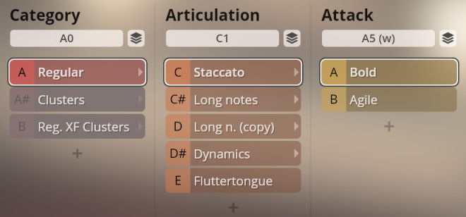 User interface demonstrating sound library categories, articulations like staccato and long notes, and attack styles such as bold and agile, for Synchron Woodwinds.