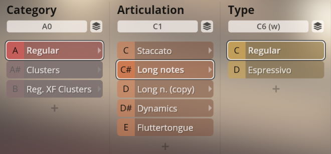 Screenshot of Synchron Woodwinds software interface displaying Category, Articulation, and Type selection menus. Highlighted options include Regular for Category, Long notes for Articulation, and Regular for Type, demonstrating instrument sound parameters.