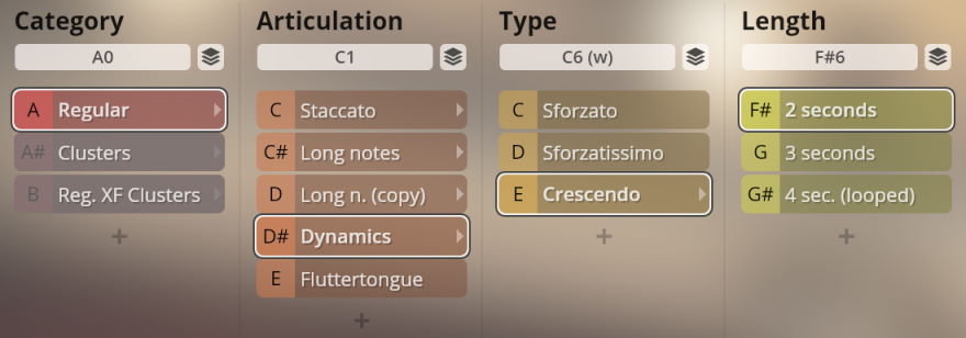 User interface showing categories like Regular, Clusters, Staccato, Long notes, Dynamics, Sforzato, Crescendo, and different musical lengths in seconds, likely for VST or audio software settings.