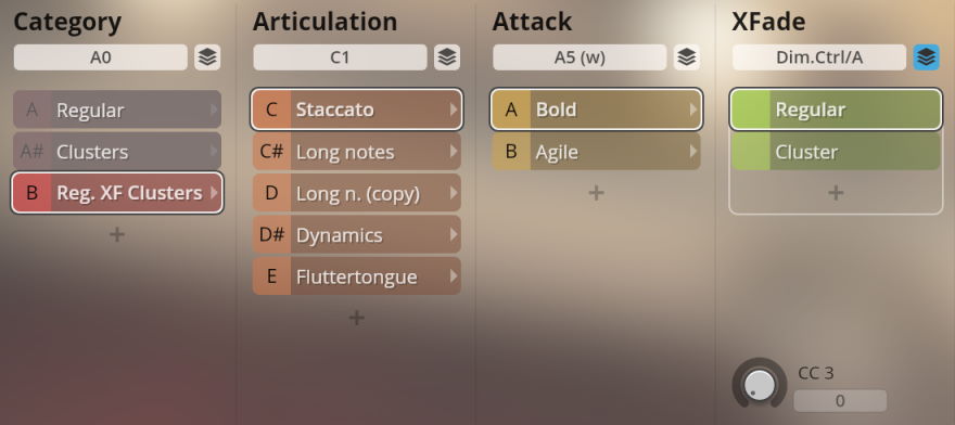 User interface for Synchron Woodwinds software showing sound categories, articulations like staccato and long notes, attack types including bold and agile, and XFade options regular and cluster.