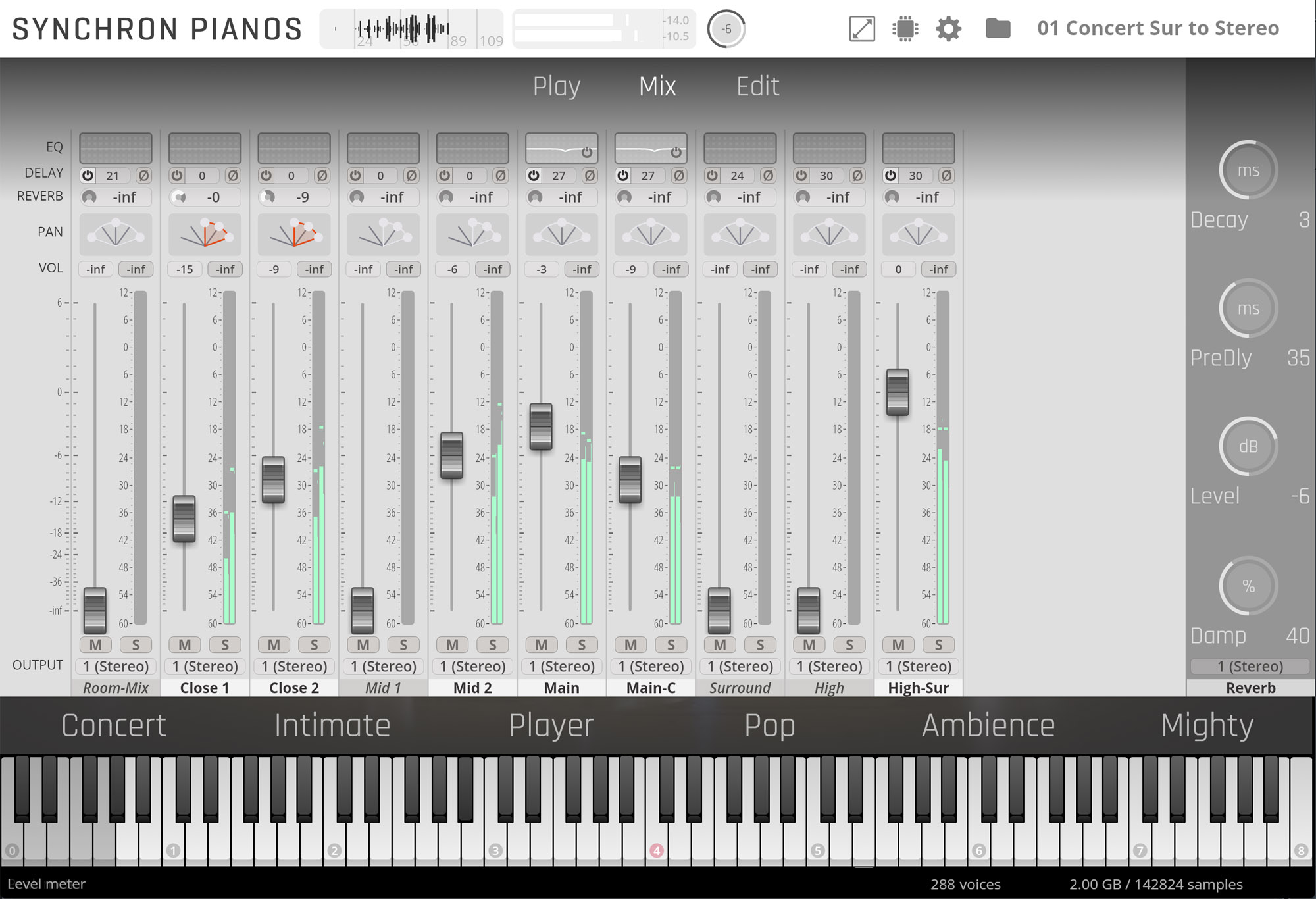 Digital audio workstation (DAW) interface for Synchron Pianos, showing mixing controls including faders, pan, and effects, with a virtual piano keyboard at the bottom, optimized for a German Upright piano.