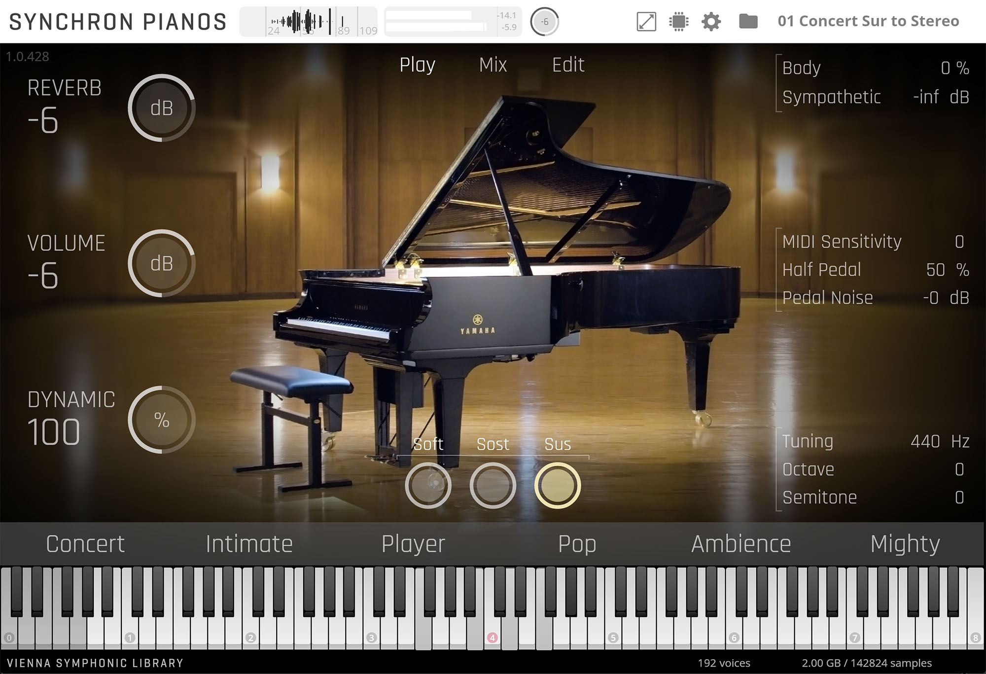 Software interface displaying a vintage C. Bechstein upright piano, its internal mechanics visible, with adjustable parameters like reverb, volume, dynamic, and MIDI settings for detailed sound customization.
