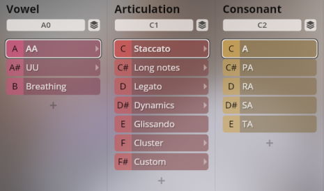 User interface demonstrating Studio Vienna Choir instrument settings for Vowel, Articulation, and Consonant sound parameters, showing options like Staccato, Legato, and various syllables.