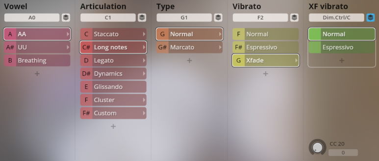User interface of the Studio Vienna Choir software showing selectable options for Vowel, Articulation (including Long notes), Type, Vibrato (including Xfade), and XF vibrato.