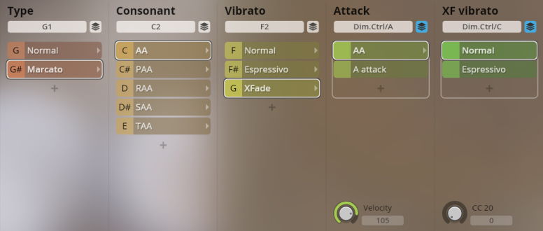 Screenshot of Vienna Instruments Studio Choir interface showing Type, Consonant, Vibrato, Attack, and XF Vibrato settings, with Marcato, XFade, and Espressivo options visible.