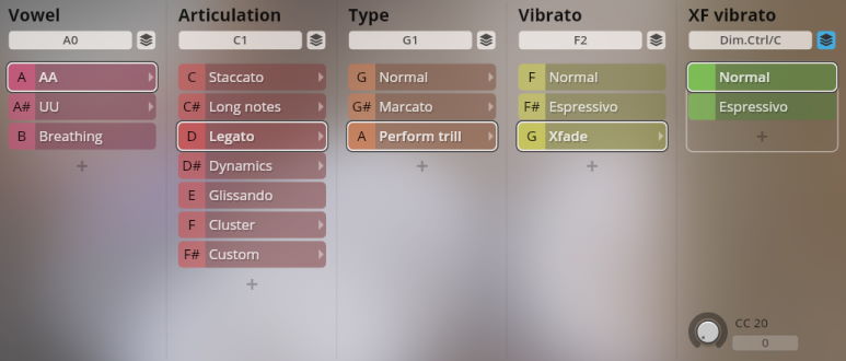 Studio Vienna Choir interface showing playback options for Vowel, Articulation, Type, Vibrato, and XF Vibrato, with Legato, Perform trill, and Xfade prominently selected.