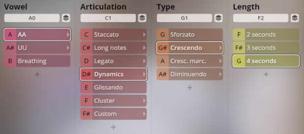 User interface for Vienna Instruments Studio Choir showing options for vowel, articulation, type, and length of sounds, with Dynamics, Crescendo, and 4 seconds highlighted.