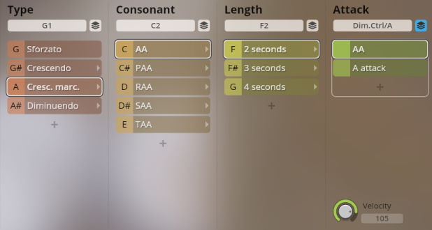 Screenshot of the Studio Vienna Choir virtual instrument interface showing sound articulation options for type, consonant, length, and attack, with 'Cresc. marc.', 'AA', '2 seconds', and 'AA' selected.