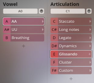 Software interface displaying Vowel and Articulation sound options for Studio Vienna Choir, including AA, UU, Breathing, Staccato, Long notes, Legato, Dynamics, Glissando, Cluster, and Custom.