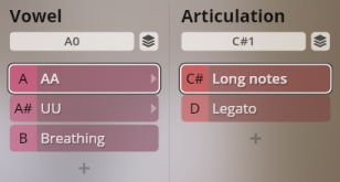 Studio Vienna Choir software interface showing Vowel and Articulation parameters. The Vowel column displays A0, AA, UU, and Breathing options, while the Articulation column shows C#1, Long notes, and Legato selections.