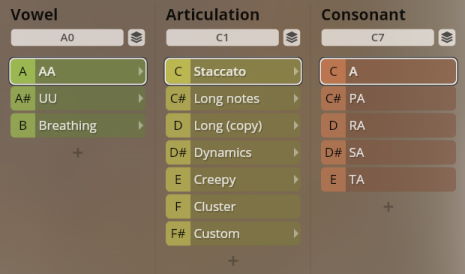 Studio Choir interface showing Vowel, Articulation, and Consonant settings for vocal samples.