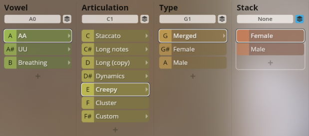 Studio Choir user interface showing Vowel, Articulation, Type, and Stack options for sound customization, including Female and Male voice selection.