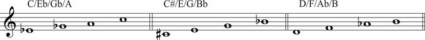 Musical notation for harp intervals and chords in treble clef, displaying notes for C/Eb/Gb/A, C#/E/G/Bb, and D/F/Ab/B, illustrating harp pedal positions.