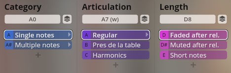 Studio Harps Categories, Articulations, and Length settings for virtual instrument sample playback, showing options like Single notes, Regular articulation, and Faded after release.