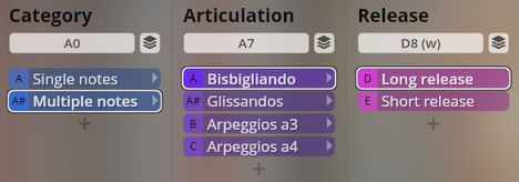 User interface showing sound categories single notes, multiple notes, articulation types bisbigliando, glissandos, arpeggios, and release types long and short for Vienna Instruments Studio Harps.