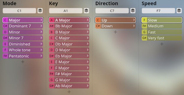 User interface showing selectable parameters for Studio Harps software, including Mode (Major, Dominant 7, Minor, Diminished, Whole Tone, Pentatonic), Key (various major keys), Direction (Up, Down), and Speed (Slow, Medium, Fast, Very Fast).