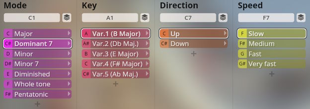 User interface of Studio Harps software showing Mode, Key, Direction, and Speed options for musical composition.