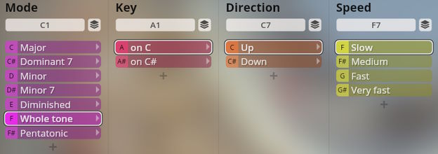 User interface of Studio Harps software displaying adjustable parameters for Mode, Key, Direction, and Speed for musical sound manipulation.