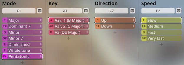 User interface screenshot showing musical mode, key, direction, and speed settings for Studio Harps software, including options like Major, Pentatonic, Up, Down, Slow, and Fast.