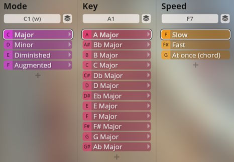 Studio Harps software interface showing Mode, Key, and Speed settings for musical playback.