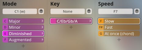 Studio Harps software interface showing Mode, Key, and Speed settings for musical harps, with Diminished, C/Eb/Gb/A, and Slow options selected.