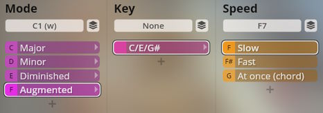 Studio Harps virtual instrument interface showing Mode, Key, and Speed settings for musical performance with options like Major, Minor, Diminished, Augmented modes, C/E/G# key, and Slow, Fast, At once chord speeds.