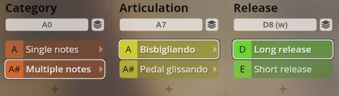 User interface for Studio Harps sound library showing selectable categories Single Notes and Multiple Notes, articulations Bisbigliando and Pedal Glissando, and release options Long Release and Short Release.