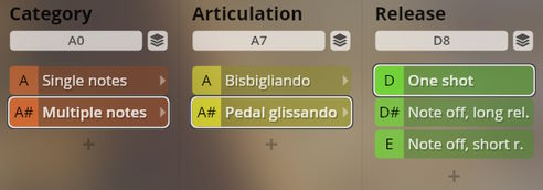 Studio Harps user interface showing category, articulation, and release options for musical notes, including A-sharp multiple notes and bisbigliando.