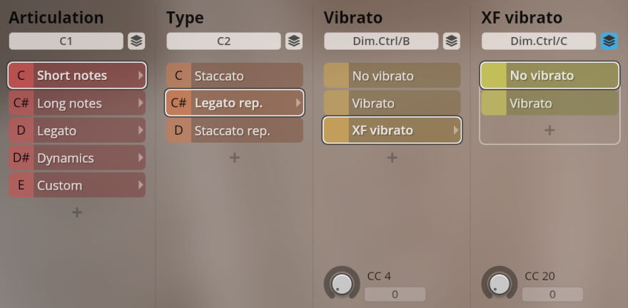 Digital audio workstation (DAW) interface for Studio Historic Winds plugins, showing detailed articulation, type, and vibrato settings like Short Notes, Legato, Staccato, and XF Vibrato options for instrumental sound manipulation.