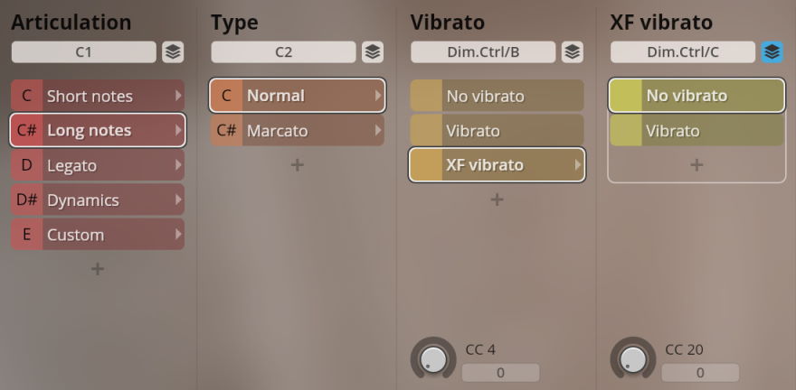 A control panel for Studio Historic Winds music software, displaying options for Articulation (Short notes, Long notes selected), Type (Normal selected), Vibrato (XF vibrato selected), and XF vibrato (No vibrato selected), all configurable for musical instrument sound generation.