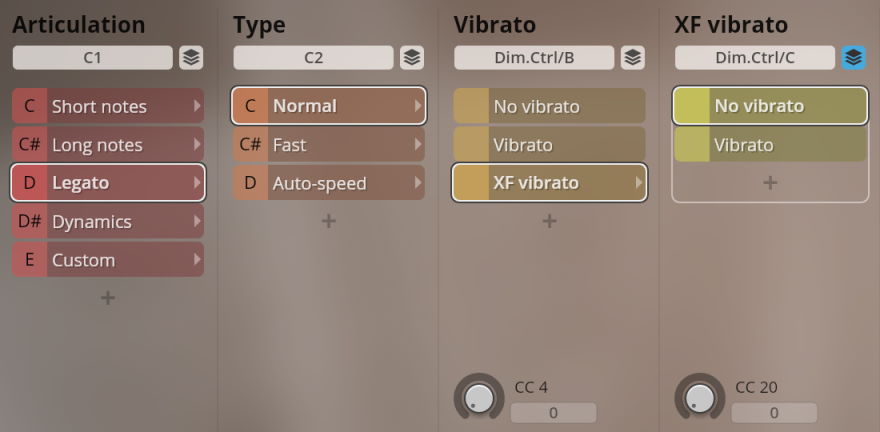 Studio Historic Winds interface showing adjustable parameters for Articulation, Type, Vibrato, and XF Vibrato, with Legato, Normal, and XF Vibrato options selected.