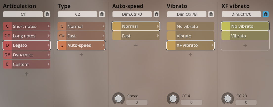 Studio Historic Winds software interface showing selectable articulation, type, auto-speed, and vibrato parameters, including legato, short notes, long notes, normal, fast, auto-speed, no vibrato, vibrato, and XF vibrato options.