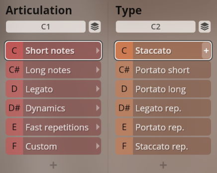 User interface showing music articulation and type selection options for the Studio Historic Winds Packs, including Short notes, Long notes, Legato, Dynamics, Fast repetitions, Custom, Staccato, Portato short, Portato long, Legato rep., Portato rep., and Staccato rep.