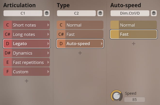 User interface of Studio Historic Winds music software showing controls for articulation, type, and auto-speed settings, with Legato, Auto-speed, and Fast modes selected.
