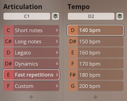 Vibrancy controls for musical instrument articulations including short notes, long notes, legato, dynamics, and fast repetitions, along with tempo settings from 140 bpm to 200 bpm.