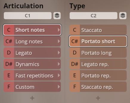 Studio Historic Winds preset selection interface showing articulations like short notes, long notes, legato, dynamics, and types such as staccato, portato short, and legato rep.