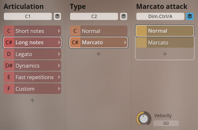 Software interface showing controls for musical articulation, type, Marcato attack, and velocity with options like normal, long notes, legato, dynamics, and custom settings.