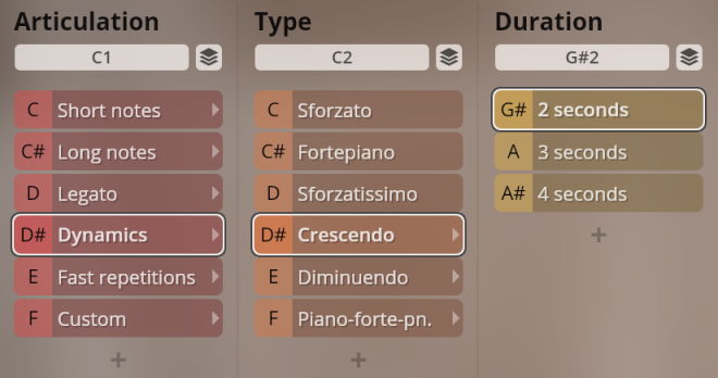 User interface showing articulation, type, and duration options for musical instrument samples like historical wind instruments, with Dynamics, Crescendo, and 2 seconds highlighted.