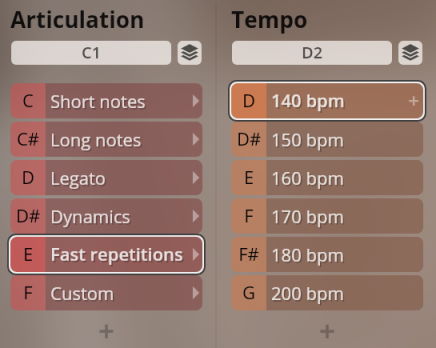 User interface demonstrating Studio Historic Winds sound library articulation and tempo settings.