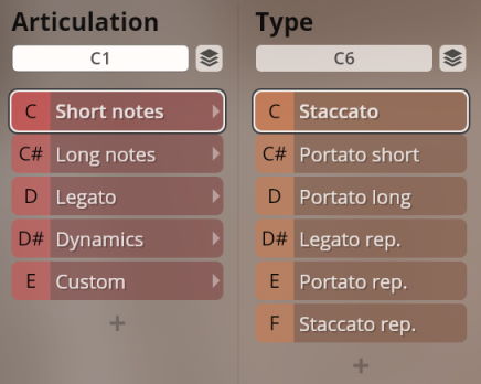 User interface for Studio Historic Winds Packs showing music articulation and type selectable options including short notes, long notes, legato, dynamics, custom, staccato, portato, and legato repetitions.