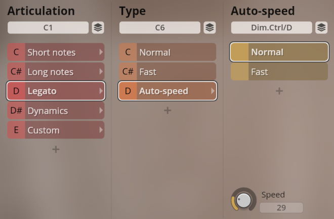 Studio Historic Winds interface showing Articulation, Type, and Auto-speed controls. Legato, Auto-speed, and Normal options are selected, displaying adjustable speed settings for the music production software.