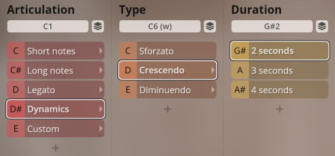 User interface displaying options for Articulation, Type, and Duration settings for Studio Historic Winds Packs, with Crescendo selected.