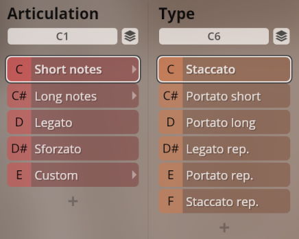 User interface for musical articulation and type selection including short notes, legato, staccato, and portato options for Studio Historic Winds.