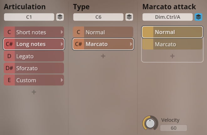 User interface showing articulation, type, and marcato attack settings for Studio Historic Winds Packs, with Long Notes, Marcato, and Normal selected and Velocity at 60.