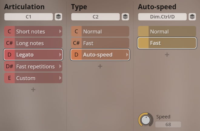 Screenshot of the articulation and auto-speed settings within the Studio Historic Winds software interface, showing options like Legato, Auto-speed, and Fast selected.