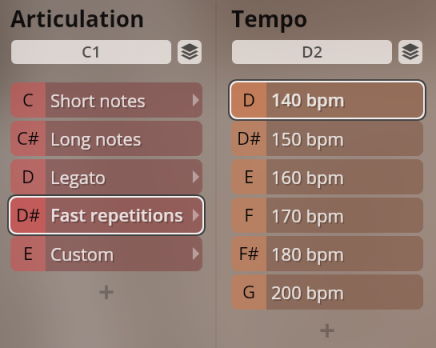Software user interface showing musical articulation options like short notes, long notes, legato, fast repetitions, and custom, alongside tempo settings in beats per minute, within the Studio Historic Winds plugin.