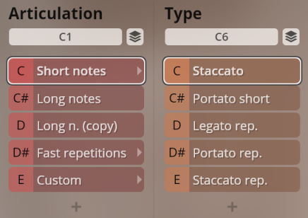 UI menu showing articulation and type options for musical notes, including short notes, long notes, staccato, and legato for SYNCHRON-ized Historic Winds Package.