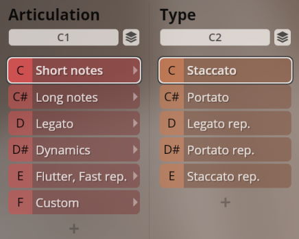 Software interface for Studio Historic Winds displaying dropdown menus for musical articulation and type, with options like Short notes, Long notes, Staccato, and Legato.