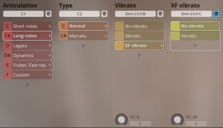 User interface showing articulation, type, and vibrato controls for Studio Historic Winds Packs, featuring selected Long Notes, Normal type, and XF vibrato, with CC controls below.