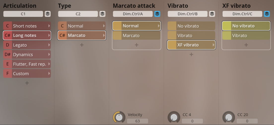 Studio Historic Winds audio software interface displaying articulation, type, marcato attack, vibrato, and XF vibrato controls with various settings like long notes, normal, no vibrato, and velocity.